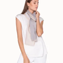 AKRIS Cashmere And Silk Scarf With Grey, Beige And White Stripes -Deals Vog Shift Store 20190827 898 e