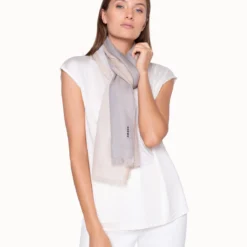 AKRIS Cashmere And Silk Scarf With Grey, Beige And White Stripes -Deals Vog Shift Store 20190827 900 e