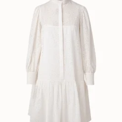 Knee Length Dress In Cotton Tropical Leaves Eyelet Embroidery