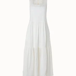 Midi Dress In Tropical Leaves Eyelet Cotton Embroidery