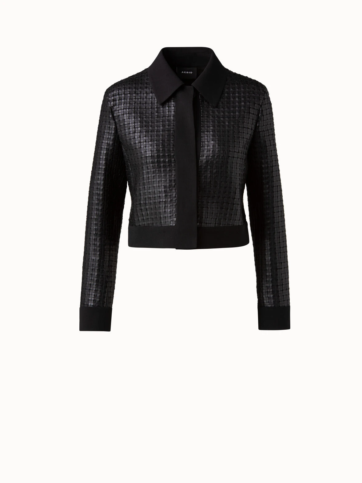 AKRIS Wool Double-Face Short Jacket With With Faux Leather Superposé Grid Embellishment 3 AKRIS Wool Double-Face Short Jacket With With Faux Leather Superposé Grid Embellishment