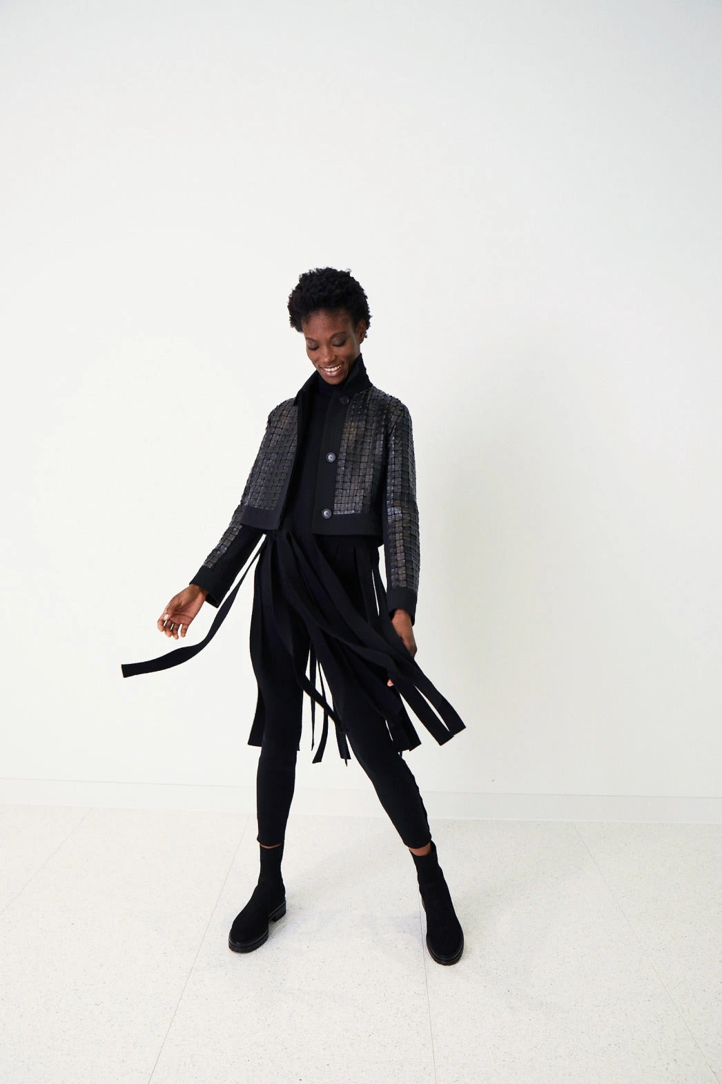 AKRIS Wool Double-Face Short Jacket With With Faux Leather Superposé Grid Embellishment 6 AKRIS Wool Double-Face Short Jacket With With Faux Leather Superposé Grid Embellishment - Image 4