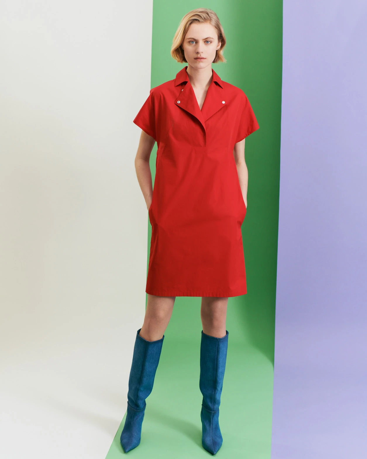 Cotton Stretch Gabardine Dress With Biker Collar 3 Cotton Stretch Gabardine Dress With Biker Collar